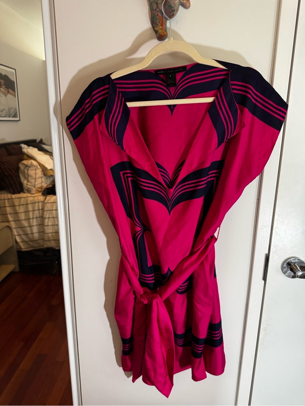 Marc by Marc Jacobs 100% Silk Pink Navy Print Caftan Mini Dress Size S